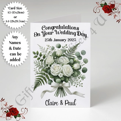 A5 or A4 Personalised Greeting Card - Wedding - Any Names & Date - D.1 A5 or A4 Personalised Greeting Card - Wedding - Any Names & Date - D.1