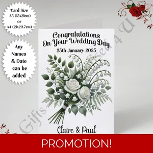A5 or A4 Personalised Greeting Card - Wedding - Any Names & Date - D.2