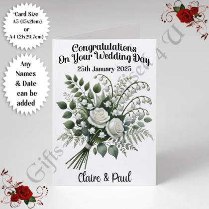 A5 or A4 Personalised Greeting Card - Wedding - Any Names & Date - D.2 A5 or A4 Personalised Greeting Card - Wedding - Any Names & Date - D.2