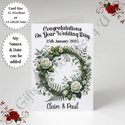 A5 or A4 Personalised Greeting Card - Wedding - Any Names & Date - D.3 A5 or A4 Personalised Greeting Card - Wedding - Any Names & Date - D.3