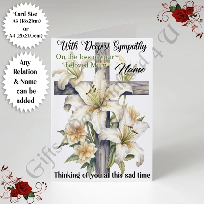 A5 or A4 Personalised Greeting Card - With Deepest Sympathy - Lilies - Any Relation & Name - D.10 A5 or A4 Personalised Greeting Card - With Deepest Sympathy - Lilies - Any Relation & Name - D.10