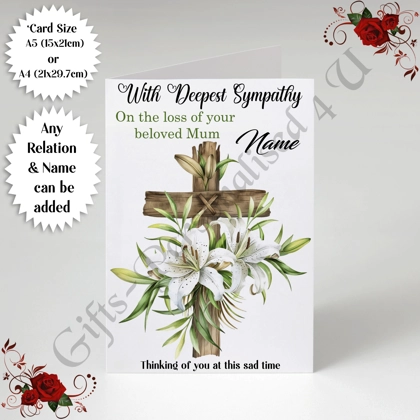 A5 or A4 Personalised Greeting Card - With Deepest Sympathy - Lilies - Any Relation & Name - D.1 A5 or A4 Personalised Greeting Card - With Deepest Sympathy - Lilies - Any Relation & Name - D.1