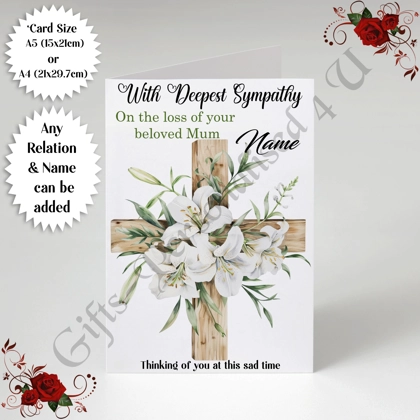 A5 or A4 Personalised Greeting Card - With Deepest Sympathy - Lilies - Any Relation & Name - D.2 A5 or A4 Personalised Greeting Card - With Deepest Sympathy - Lilies - Any Relation & Name - D.2
