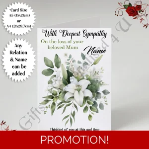 A5 or A4 Personalised Greeting Card - With Deepest Sympathy - Lilies - Any Relation & Name - D.4