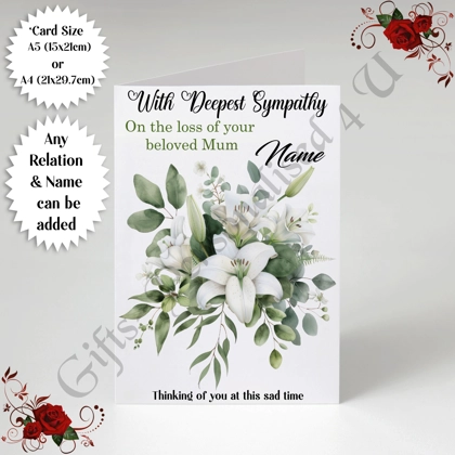 A5 or A4 Personalised Greeting Card - With Deepest Sympathy - Lilies - Any Relation & Name - D.4 A5 or A4 Personalised Greeting Card - With Deepest Sympathy - Lilies - Any Relation & Name - D.4