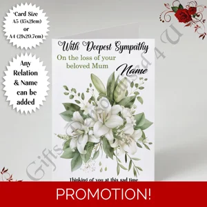 A5 or A4 Personalised Greeting Card - With Deepest Sympathy - Lilies - Any Relation & Name - D.5