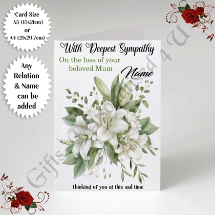 A5 or A4 Personalised Greeting Card - With Deepest Sympathy - Lilies - Any Relation & Name - D.5 A5 or A4 Personalised Greeting Card - With Deepest Sympathy - Lilies - Any Relation & Name - D.5