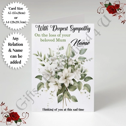 A5 or A4 Personalised Greeting Card - With Deepest Sympathy - Lilies - Any Relation & Name - D.6