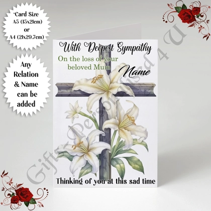 A5 or A4 Personalised Greeting Card - With Deepest Sympathy - Lilies - Any Relation & Name - D.7
