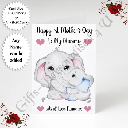 A5 or A4 Personalised Greeting Card - Elephants - Happy 1st Mother's Day - Mummy - D.19 A5 or A4 Personalised Greeting Card - Elephants - Happy 1st Mother's Day - Mummy - D.19