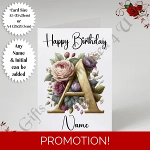 A5 or A4 Personalised Greeting Card - Happy Birthday - Floral / Flowers - Name & Initial - D.1