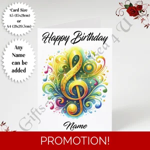 A5 or A4 Personalised Greeting Card - Happy Birthday - Music - Name - Design 1