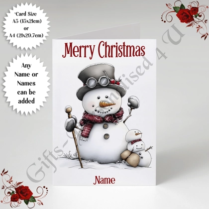 A5 or A4 Personalised Card - Merry Christmas - Snowman - Name or Names - D.1 A5 or A4 Personalised Card - Merry Christmas - Snowman - Name or Names - D.1