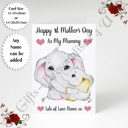 A5 or A4 Personalised Greeting Card - Elephants - Happy 1st Mother's Day - Mummy - D.21 A5 or A4 Personalised Greeting Card - Elephants - Happy 1st Mother's Day - Mummy - D.21