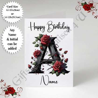 A5 or A4 Personalised Greeting Card - Happy Birthday - Floral / Flowers - Name & Initial - D.2