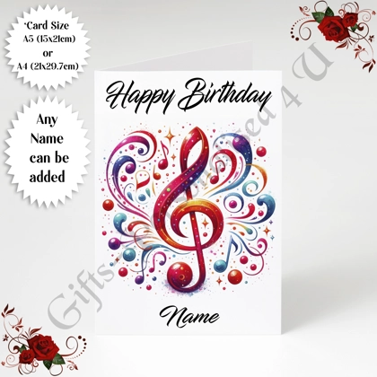 A5 or A4 Personalised Greeting Card - Happy Birthday - Music - Name - Design 2 A5 or A4 Personalised Greeting Card - Happy Birthday - Music - Name - Design 2