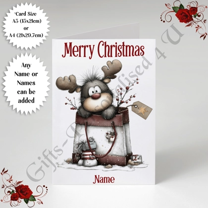 A5 or A4 Personalised Card - Merry Christmas - Reindeer - Name or Names - D.2 A5 or A4 Personalised Card - Merry Christmas - Reindeer - Name or Names - D.2