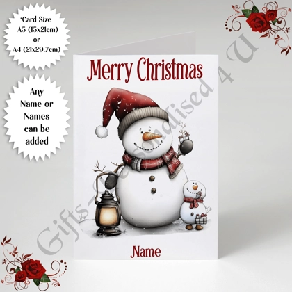 A5 or A4 Personalised Card - Merry Christmas - Snowman - Name or Names - D.2 A5 or A4 Personalised Card - Merry Christmas - Snowman - Name or Names - D.2