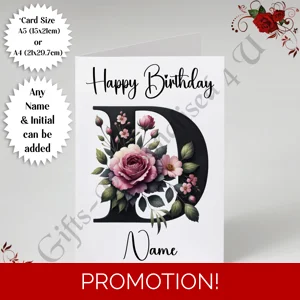 A5 or A4 Personalised Greeting Card - Happy Birthday - Floral / Flowers - Name & Initial - D.3