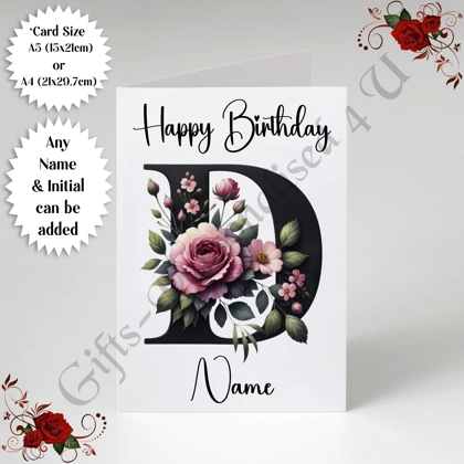 A5 or A4 Personalised Greeting Card - Happy Birthday - Floral / Flowers - Name & Initial - D.3