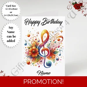 A5 or A4 Personalised Greeting Card - Happy Birthday - Music - Name - Design 3