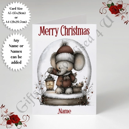 A5 or A4 Personalised Card - Merry Christmas - Elephant - Name or Names - D.3 A5 or A4 Personalised Card - Merry Christmas - Elephant - Name or Names - D.3