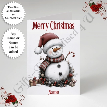 A5 or A4 Personalised Card - Merry Christmas - Snowman - Name or Names - D.3 A5 or A4 Personalised Card - Merry Christmas - Snowman - Name or Names - D.3