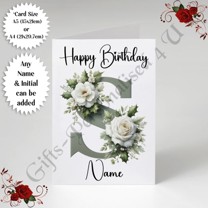 A5 or A4 Personalised Greeting Card - Happy Birthday - Floral / Flowers - Name & Initial - D.4
