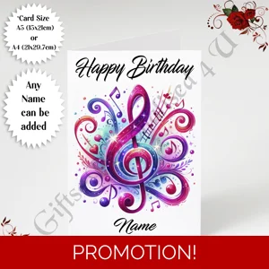 A5 or A4 Personalised Greeting Card - Happy Birthday - Music - Name - Design 4