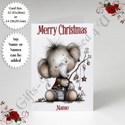 A5 or A4 Personalised Card - Merry Christmas - Elephant - Name or Names - D.4 A5 or A4 Personalised Card - Merry Christmas - Elephant - Name or Names - D.4