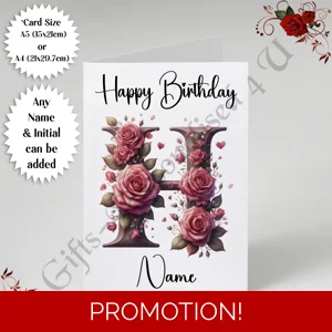 A5 or A4 Personalised Greeting Card - Happy Birthday - Floral / Flowers - Name & Initial - D.5