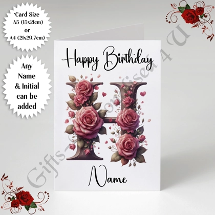 A5 or A4 Personalised Greeting Card - Happy Birthday - Floral / Flowers - Name & Initial - D.5