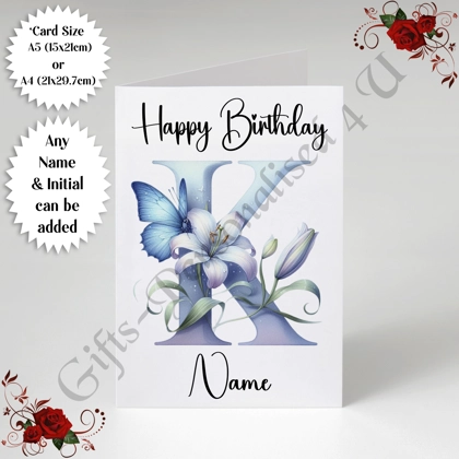 A5 or A4 Personalised Greeting Card - Happy Birthday - Floral / Flowers - Name & Initial - D.6