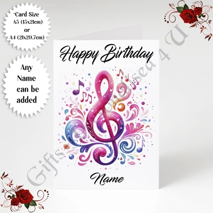 A5 or A4 Personalised Greeting Card - Happy Birthday - Music - Name - Design 6 A5 or A4 Personalised Greeting Card - Happy Birthday - Music - Name - Design 6