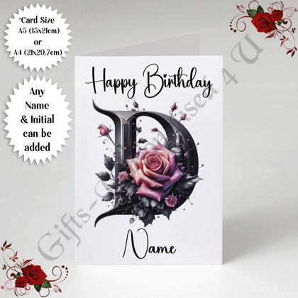 A5 or A4 Personalised Greeting Card - Happy Birthday - Floral / Flowers - Name & Initial - D.7 A5 or A4 Personalised Greeting Card - Happy Birthday - Floral / Flowers - Name & Initial - D.7