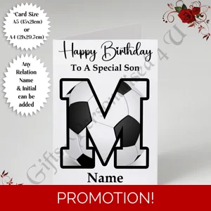 A5 or A4 Personalised Greeting Card - Happy Birthday - Football - Relation / Name / Initial - D.1
