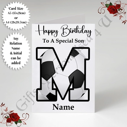 A5 or A4 Personalised Greeting Card - Happy Birthday - Football - Relation / Name / Initial - D.1 A5 or A4 Personalised Greeting Card - Happy Birthday - Football - Relation / Name / Initial - D.1