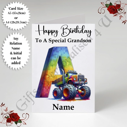 A5 or A4 Personalised Card - Happy Birthday - Monster Truck - Relation / Name / Initial - D.10 A5 or A4 Personalised Card - Happy Birthday - Monster Truck - Relation / Name / Initial - D.10