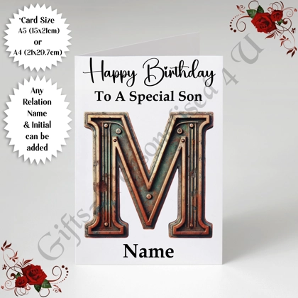 A5 or A4 Personalised Card - Happy Birthday - Rustic Metal - Relation / Name / Initial - D.11 A5 or A4 Personalised Card - Happy Birthday - Rustic Metal - Relation / Name / Initial - D.11