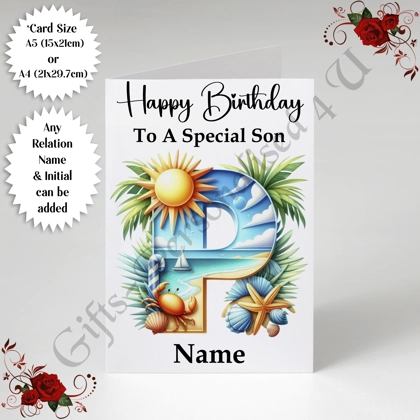 A5 or A4 Personalised Card - Happy Birthday - Ocean Beach - Relation / Name / Initial - D.12 A5 or A4 Personalised Card - Happy Birthday - Ocean Beach - Relation / Name / Initial - D.12
