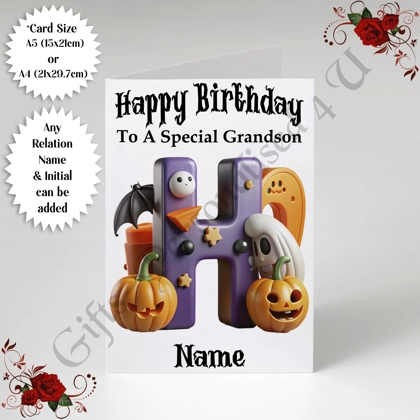A5 or A4 Personalised Card - Happy Birthday - Halloween - Relation / Name / Initial - D.44 A5 or A4 Personalised Card - Happy Birthday - Halloween - Relation / Name / Initial - D.44