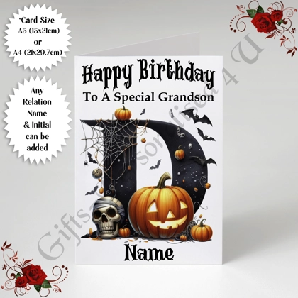 A5 or A4 Personalised Card - Happy Birthday - Halloween - Relation / Name / Initial - D.45 A5 or A4 Personalised Card - Happy Birthday - Halloween - Relation / Name / Initial - D.45
