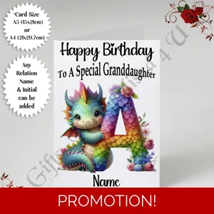 A5 or A4 Personalised Greeting Card - Happy Birthday - Dragon - Relation / Name / Initial - D.47