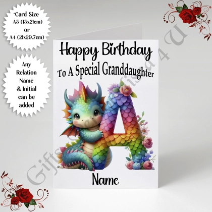 A5 or A4 Personalised Greeting Card - Happy Birthday - Dragon - Relation / Name / Initial - D.47 A5 or A4 Personalised Greeting Card - Happy Birthday - Dragon - Relation / Name / Initial - D.47