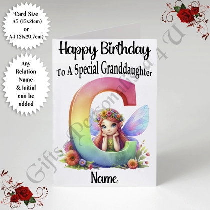 A5 or A4 Personalised Greeting Card - Happy Birthday - Fairy - Relation / Name / Initial - D.48