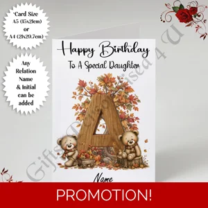 A5 or A4 Personalised Greeting Card - Happy Birthday - Autumn Bear - Relation / Name / Initial  D.95