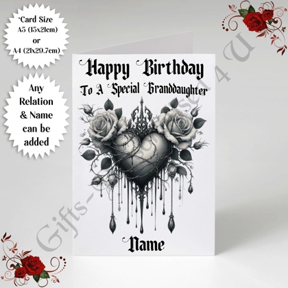 A5 or A4 Personalised Greeting Card - Gothic Heart - Happy Birthday - Any Relation & Name - D.10