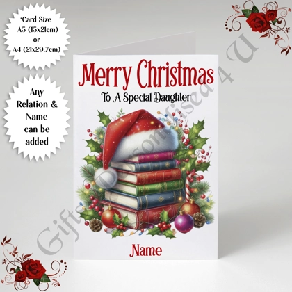 A5 or A4 Personalised Card - Merry Christmas - Book Lover - Any Relation & Name - D.10 A5 or A4 Personalised Card - Merry Christmas - Book Lover - Any Relation & Name - D.10