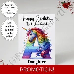 A5 or A4 Personalised Card - Happy Birthday - Unicorn - Any Relation & Initial - D.1
