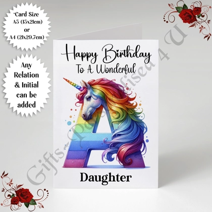 A5 or A4 Personalised Card - Happy Birthday - Unicorn - Any Relation & Initial - D.1 A5 or A4 Personalised Card - Happy Birthday - Unicorn - Any Relation & Initial - D.1
